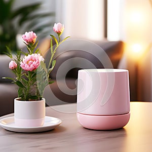 Portable audio speaker. Pink soft modern interior, AI Generated.