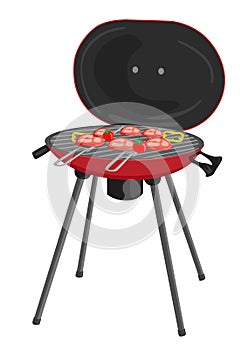 Portable barbecue with meat, tomatos and peppers grilling over the coals