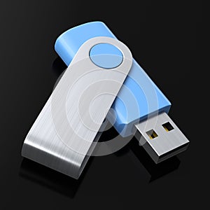 Portable blue USB flash drive stick for workspace isolated on black background