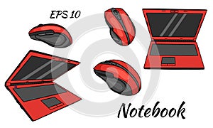 Portable computer. Mouse for the computer in hand. For home and office work. Cartoon style