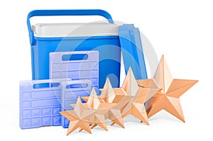 Portable cool box with five golden stars. Customer rating of personal cooler. 3D rendering