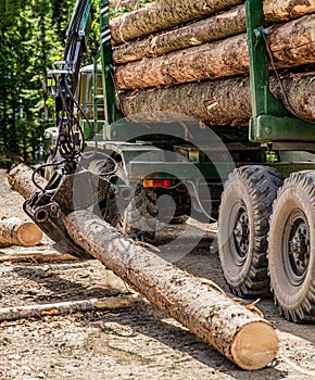 Portable crane on a logging truck. Forestry tractors, trucks and loggers machinery. Forest industry. Felling of trees