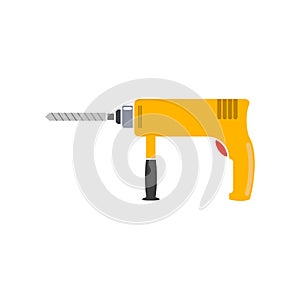 Portable electric hand drill drawing with bit. Yellow power drill icon. Isolated vector cartoon clipart on white blank background.