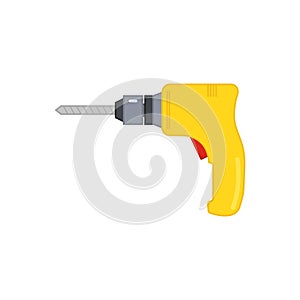 Portable electric hand drill drawing with bit. Yellow power drill icon. Isolated vector cartoon clipart on white blank background.