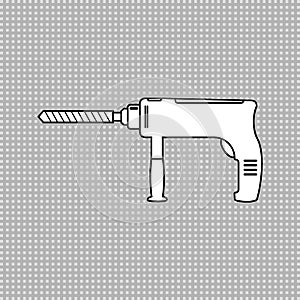 Portable electric hand drill silhouette drawing with bit. Black and white power drill icon. Isolated vector cartoon clipart.