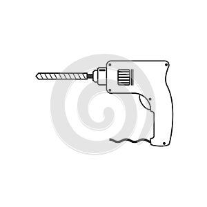 Portable electric hand drill sketch drawing with bit. Power drill icon. Line and outline vector cartoon clipart.