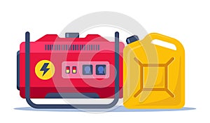 Portable electric power generator and canister with petrol, gasoline. Technology, electricity, energy concept. Vector illustration