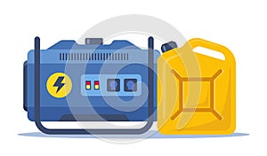 Portable electric power generator and canister with petrol, gasoline. Technology, electricity, energy concept. Vector illustration