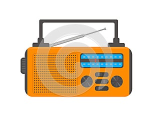 Portable emergency radio with flashlight for camping, survival, tourism, hiking. Vector flat illustration