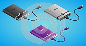 Portable external hard drive in isometry in various colors