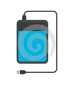 Portable external hard drive with USB cable isolated on white background. Flat vector illustration