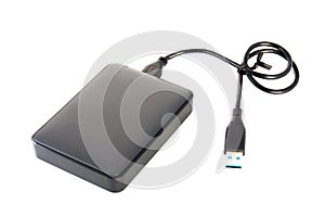 Portable external HDD hard disk drive with USB cable on white ba