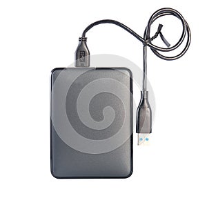 Portable external HDD hard disk drive with USB cable on white ba