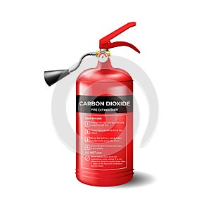 Portable fire red extinguisher with instructions. Firefighting cylinder with black spray and pressure sensor.