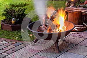 A portable fireplace with bright burning firewood making sparks and smoke at the backyard or garden near house. A place for eveni