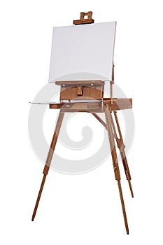 Portable foldable easel with canvas for oil painting on location isolated on white background