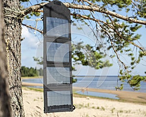 Portable foldable solar panel battery hanging on the outdoors on a pine tree