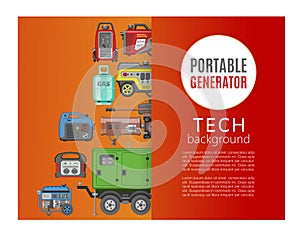 Portable generator, tech background banner lettering, voltage source, industrial source electricity, cartoon vector