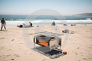 portable grill on the beach surrounded by sunbathers and surfers