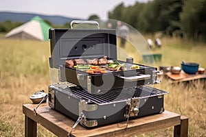 a portable grill being used to prepare a variety of different foods for a picnic