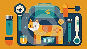 A portable grooming kit with interchangeable attachments for t deshedding and massaging your pet.. Vector illustration.