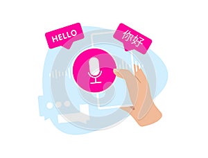 Portable Language Translator concept. Online Translation Mobile App. English to Chinese translation of word Hello