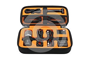 Of portable microphone kit in a case on
