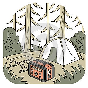 Portable power bank on a camping table with a forest backdrop. ideal for outdoor adventures