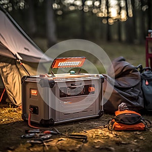 Portable power generator. Advertising photo of fuel generator in camping in the woods. Generative AI