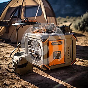 Portable power generator in the mountains. Advertising photography. Generative AI