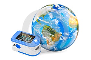 Portable Pulse Oximetry with Earth Globe, 3D rendering photo