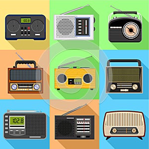 Portable radio icon set, flat style