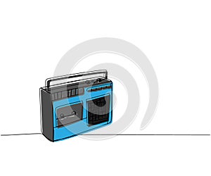 Portable radio player, tape recorder one line color art. Continuous line drawing of receiver, radio, broadcast, listen