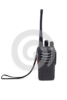 Portable radio Walkie-talkie on charging station, isolated on white background.