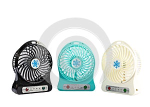 Portable rechargeable small fans on white isolated background