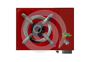 Portable red camping gas stove. Tourist table-top burner isolated on white background. Realistic mockup design for mobile kitchen