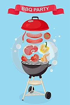 Portable round barbecue with grill sausage, beef steak, ribs, fried meat vegetables isolated on background. BBQ device for picnic