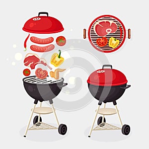 Portable round barbecue with grill sausage, beef steak, ribs, fried meat vegetables isolated on background. BBQ device for picnic