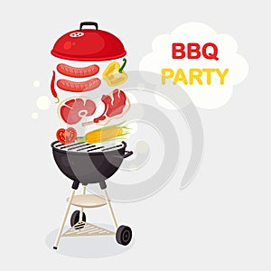 Portable round barbecue with grill sausage, beef steak, ribs, fried meat vegetables isolated on background. BBQ device for picnic