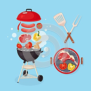 Portable round barbecue with grill sausage, beef steak, ribs, fried meat vegetables isolated on background. BBQ picnic, family