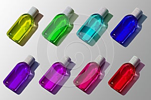 Antibacterial Sanitizing Gel For Hands of Neon Colors. Minimalism. Protection Against Coronavirus 2019 nCov, Covid 19 photo