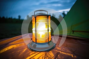 portable solar lantern glowing in dark inside a tent