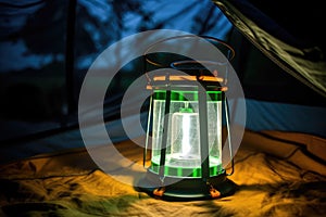 portable solar lantern glowing in dark inside a tent