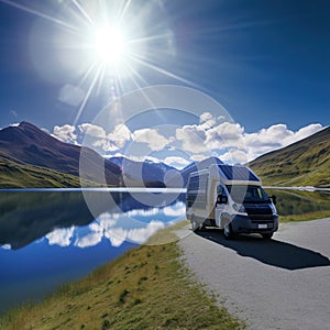 Portable Solar Panel and Battery Powered Camper Van in mountains by lake, AI Generative