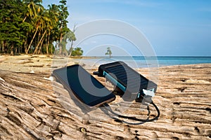 Portable solar panel is on the beach
