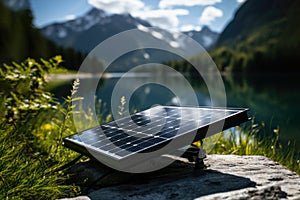 Portable solar panel for travel. Modern solar panel stands in beautiful natural environment, with mountain, lake and sky