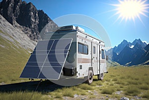 Portable solar panels on the back of camper van, caravan in Swiss Alps. AI generative, AI generated illustration