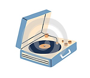 Portable turntable with vinyl playing. Retro music record player in suitcase of 50s. Old gramophone with analog grooved