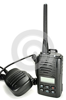 Portable walkie-talkie with handheld microphone isolated on a white background
