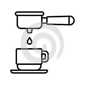 Portafilter, pouring strong coffee in cup. Coffee drop in cup filtering cooping portafilter